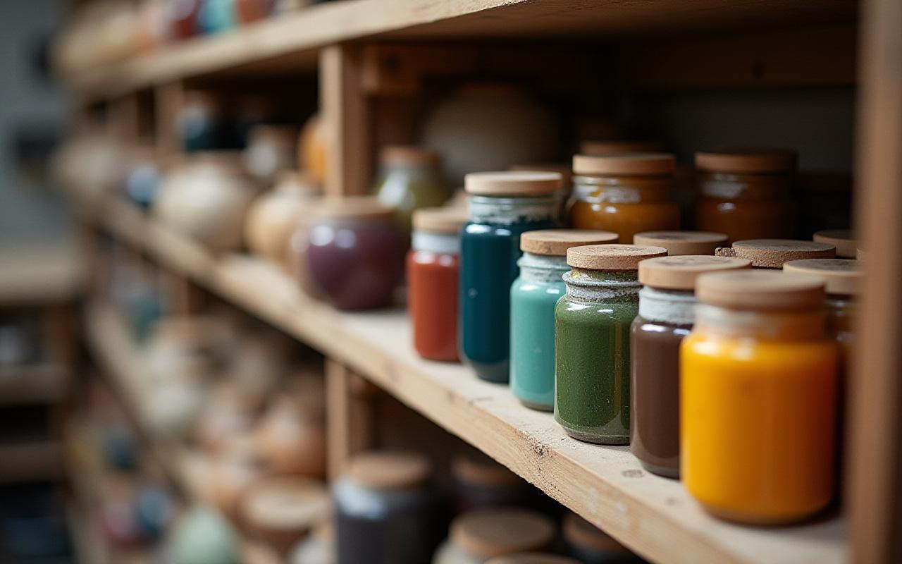 Shelf filled with various colorful glaze jars and test tiles