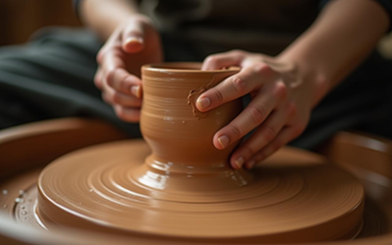 A potter's wheel with a partially formed ceramic piece, hands working the clay