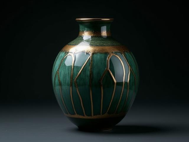 Geometric Rhythm Vase, an elegant Art Deco vase with geometric patterns in a striking metallic glaze.