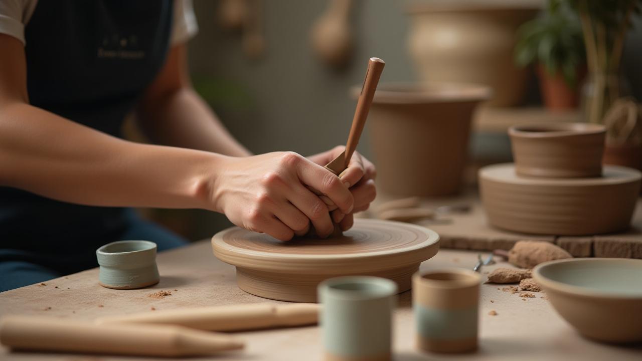 A ceramic artist's hands meticulously working on a custom pottery piece with tools, surrounded by clay and glazes.